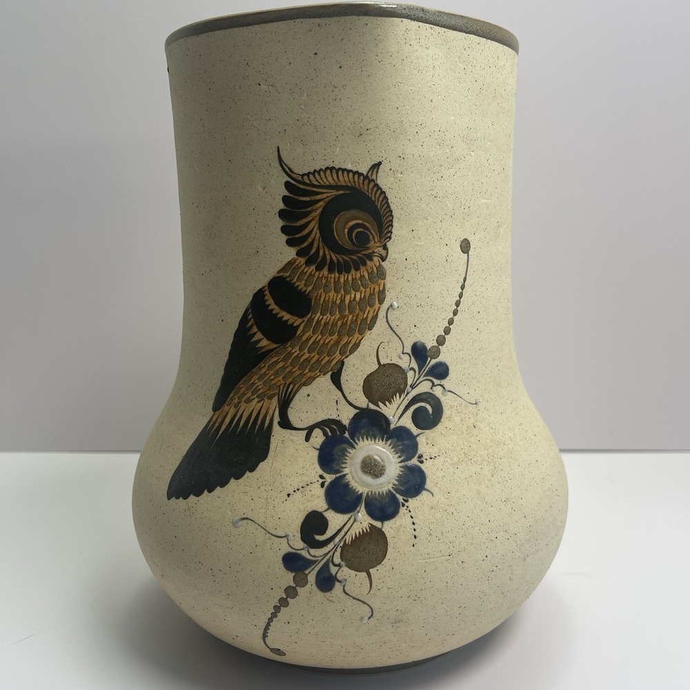 Tonala Mexican Pottery Pitcher‎ Hand Painted Owl  Mexico Bird Vintage Folk Art